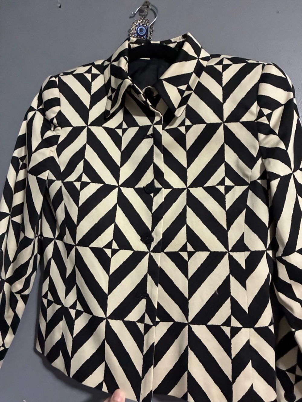 Linda Allard for Ellen Tracy-Black & Cream Geometric Pattern Blazer Jacket Sz 4p